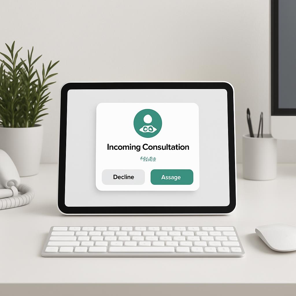 A tablet sitting on a desk with an "Incoming Consultation" pop-up on the screen: Wide shot of an electronic tablet with a ...