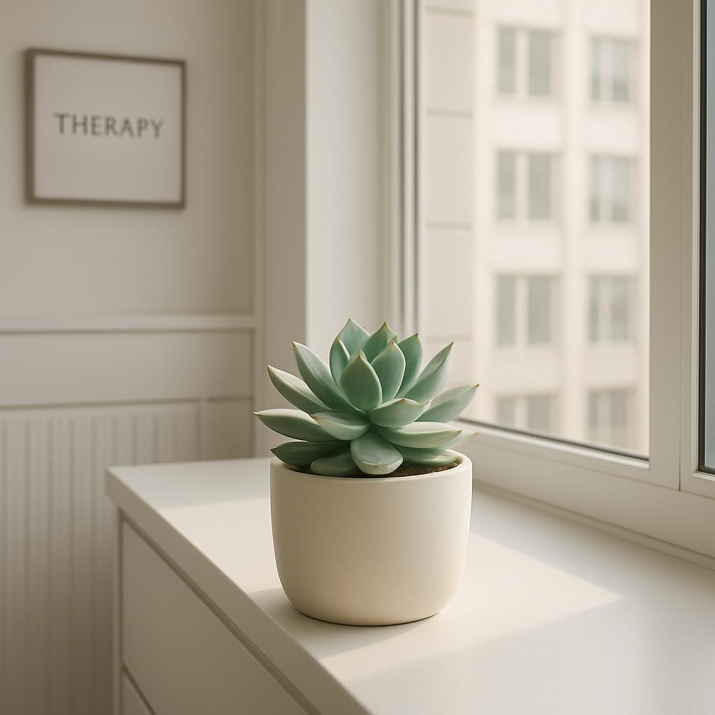 A small green succulent in a beige pot sitting on a white ledge in front of a large window.